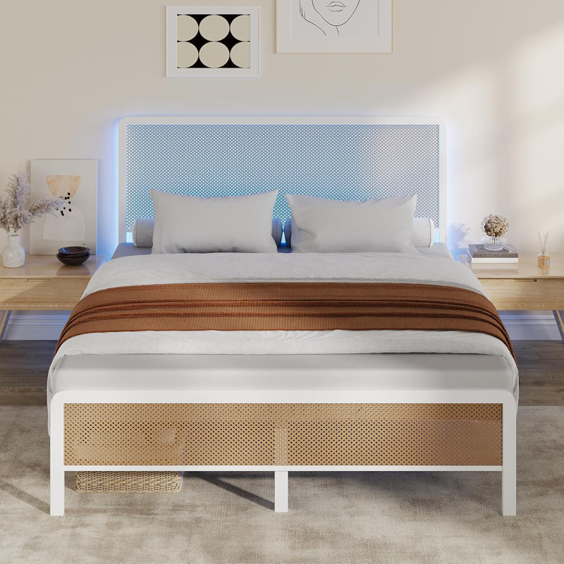 Rattan Bed Frame, Boho Style Headboard & Heavy Duty Steel Slats, No Box Spring Needed Metal Platform Bed, Full with Led Light