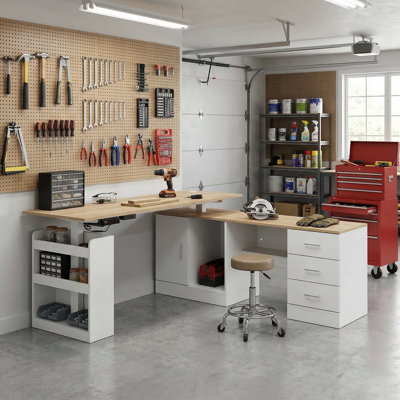 Établi en L avec hauteur réglable, 3 tiroirs et armoire
