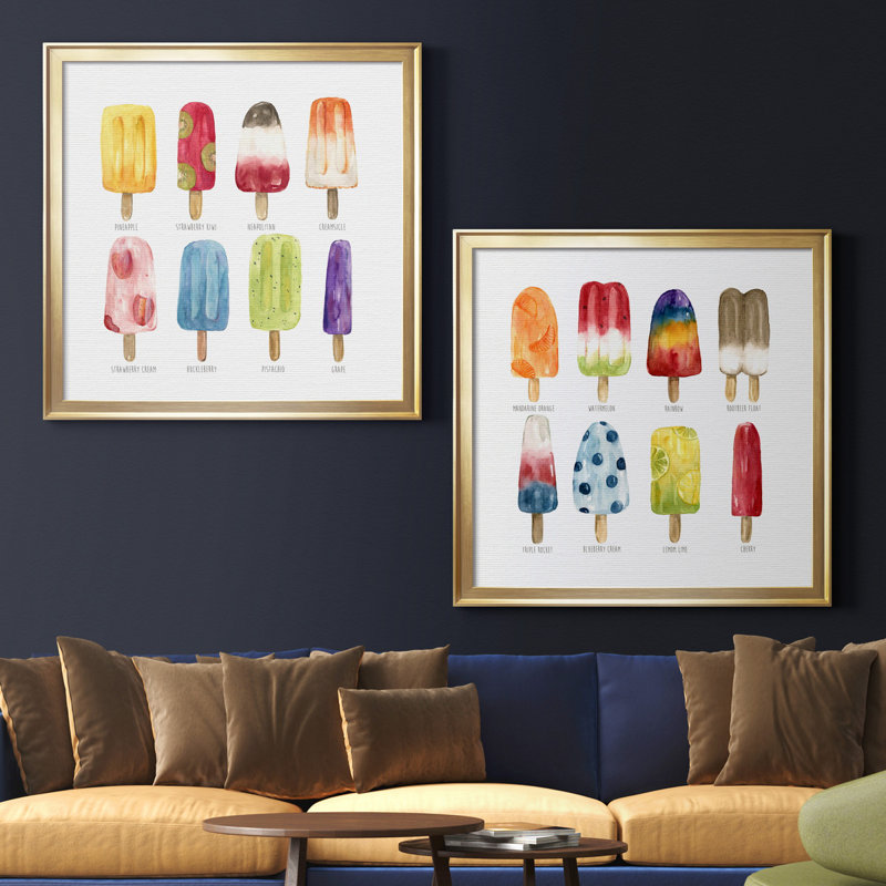 Popsicles Come Chill - ensemble de 2 reproductions, Toile encadrée dorée, Pas de tapis, H 26,5 po x l 53 po x P 1,5 po
