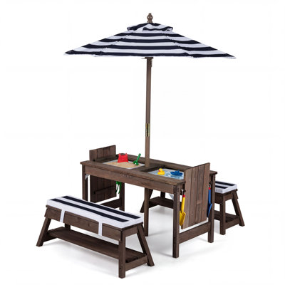 Kids Picnic Table & Benches Set with Adjustable Umbrella, Removable Cushions, Boxes Navy