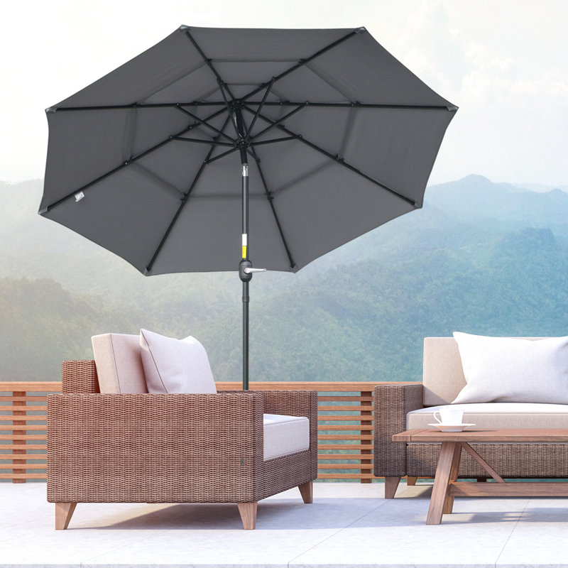 Parasol de patio gris foncé de 9 pi 3 po avec inclinaison à manivelle et bouton poussoir