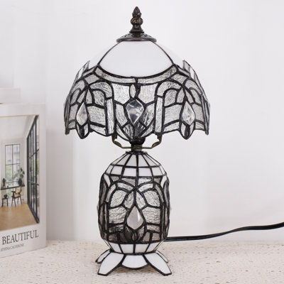 Small Tiffany Lamp White Stained Glass Table Lamp Mini Mother Daughter Vase Desk Accent Light for Bedroom Bedside Reading Home Antique Style Decor 8X14 Inches
