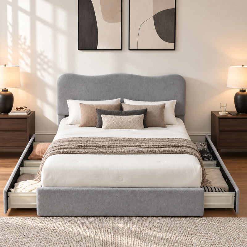 Lit plateforme avec rangement à 4 tiroirs Arusha Boucle, Grand, Light Grey