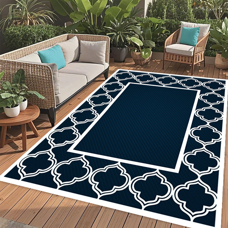 Tapis d'extérieur, tapis de paille en plastique pliable et réversible bleu et blanc pour camping-car, terrasse, porche, pique-nique, plage, balcon