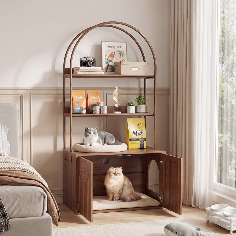 Enceinte de litière avec tablettes et portes, maisonnette pour chat avec rangement, Walnut