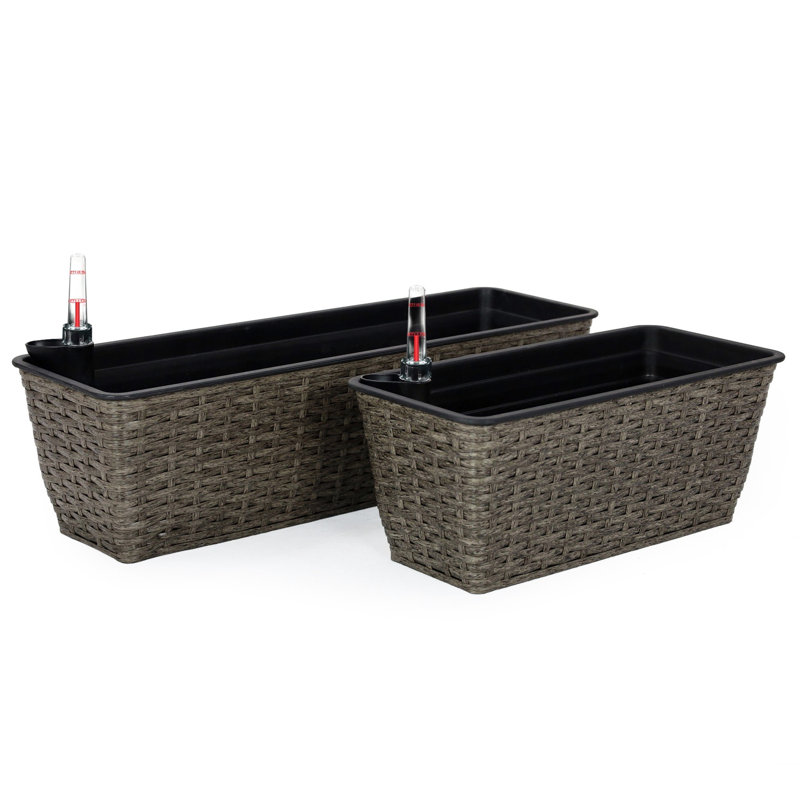 2 Rectangular Dark Gray Planter - Hand Woven Self-Watering Feature Garden Aesthetics Upgrade, Dark Gray