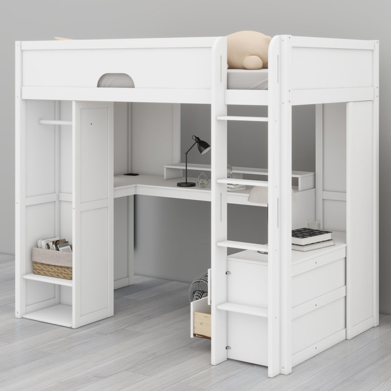Lit mezzanine avec bureau, armoire et éclairage contrôlé par application pour espaces modernes, Lit simple, Blanc