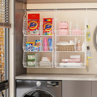 4 Tier Closet Hanging Organizer With Dividers,Extra Large Closet Storage Hanging With 5 S Hooks 4 Dividers,Clothes Organizer Clothing Sweaters Clutches Handbags Hats Accessories-White