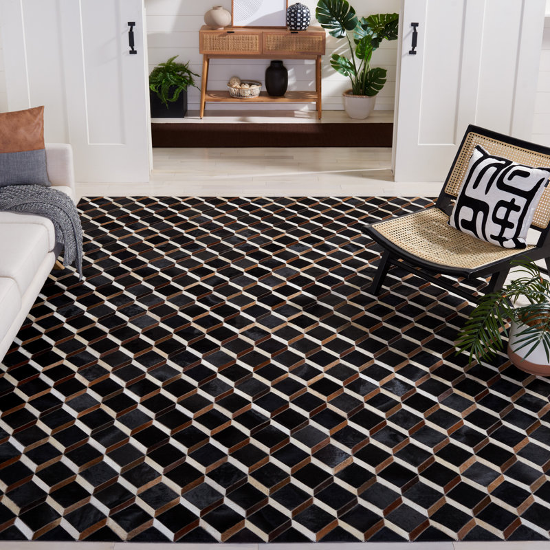 Studio Leather Hand Woven Wool/Leather/Non Woven Felt Geometric Rug in Black/Brown, Rectangle 6' x 9'