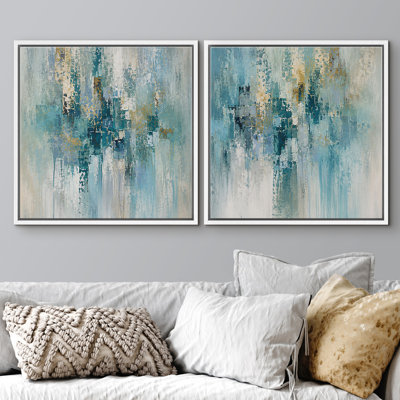 Aqua Blue Abstract With Gold Lines And Modern Calm Framed Canvas Master Bedroom Wall Art Work 2 Pieces Print Set