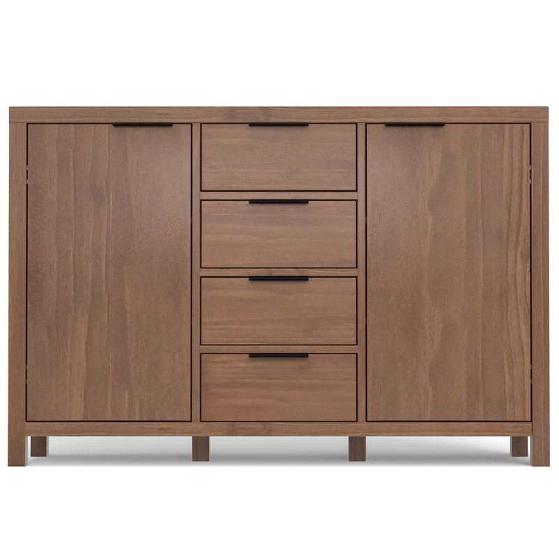 Buffet contemporain en bois massif à 3 portes avec tablettes réglables et poignées en métal Hollander, Brun clair