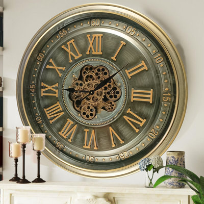 THE GEARS CLOCK Wall Clock with Real Moving Gears IR-LI_ 32 in Round "CORK" BRASS-ANTIQUE