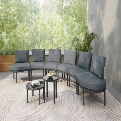 Gray 8-Piece Patio Sofa Furniture Set, Half Moon Outdoor Sectional Sofa With 2 High-Low Coffee Tables Pe Wicker Rattan Tempered Glass 6 Pillows & Cushions For Backyard Garden Poolside