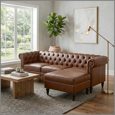 85" Modern 4-Seater L-Shaped Sectional Sofa with Storage Ottoman, Modular PU Leather Couch with Tufted Back, Rivet-Decorated Curved Armrests and Solid Birch Wood Legs for Living Room
