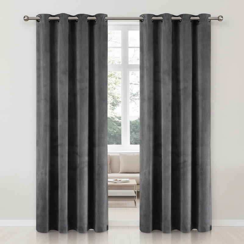 Thermal Velvet Curtains with Eyelet Ring Top - Blackout Crushed Velvet Drapes Pair, 117cm Width x 137cm Drop, Grey