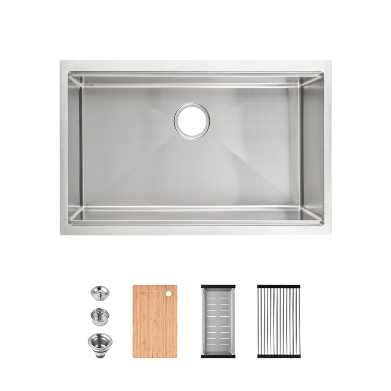 Évier de cuisine encastré en acier inoxydable de 30 po X 19 po, bol simple avec planche à découper, passoire, construction, évier à égratignures sous le comptoir, finition brossée, rainures de drain, insonorisant, arrondi