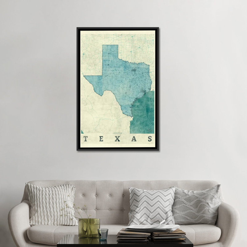 «Texas Map», impression sur toile, H 26 po x l 18 po x P 1,5 po, Toile avec cadre noir, Pas de tapis
