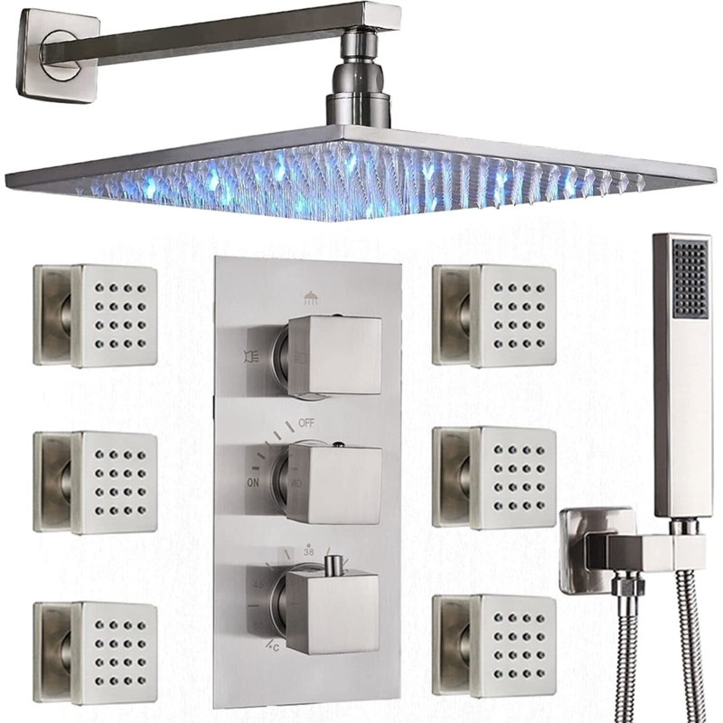 Ensemble de robinetterie thermostatique en nickel brossé avec pommeau de douche effet pluie DEL de 30 cm (12 pouces) et système de massage.