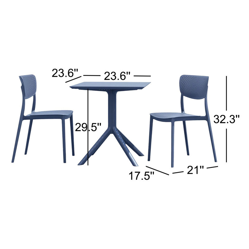 Farrah Square Stackable Plastic 3-Piece Patio Dining Set, Dark Gray, 29.5" H x 23.6" L x 23.6" W