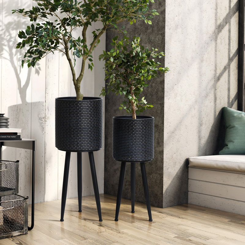 2-Piece Black Metal Indoor Planters with Stand