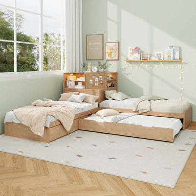 L-Shaped Combination Twin Bed Frame with Trundle and Drawer,3-in-1 Low Corner Platform Bed Linked with Built-in Desk and Led Downlight