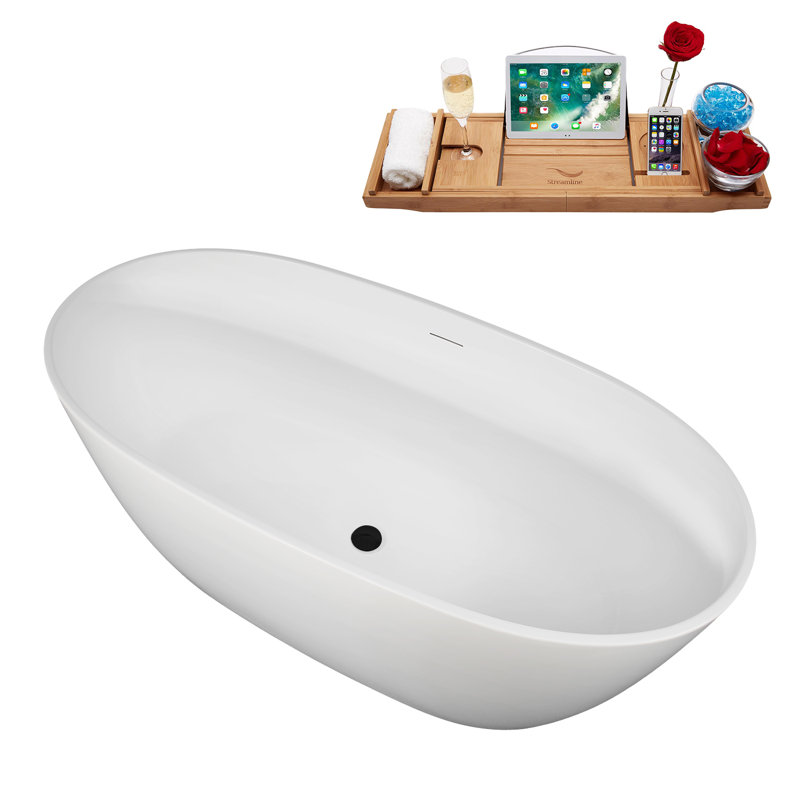 59" Streamline Soaking Freestanding Tub and Tray With Internal Drain, Matte Black