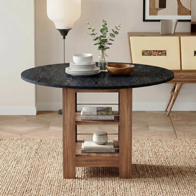 Table de salle à manger 42 po ronde en panneau de fibres à densité moyenne, rangement double couche, antidérapant, noir et bois, multi-usage pour la cuisine, le restaurant, l’appartement