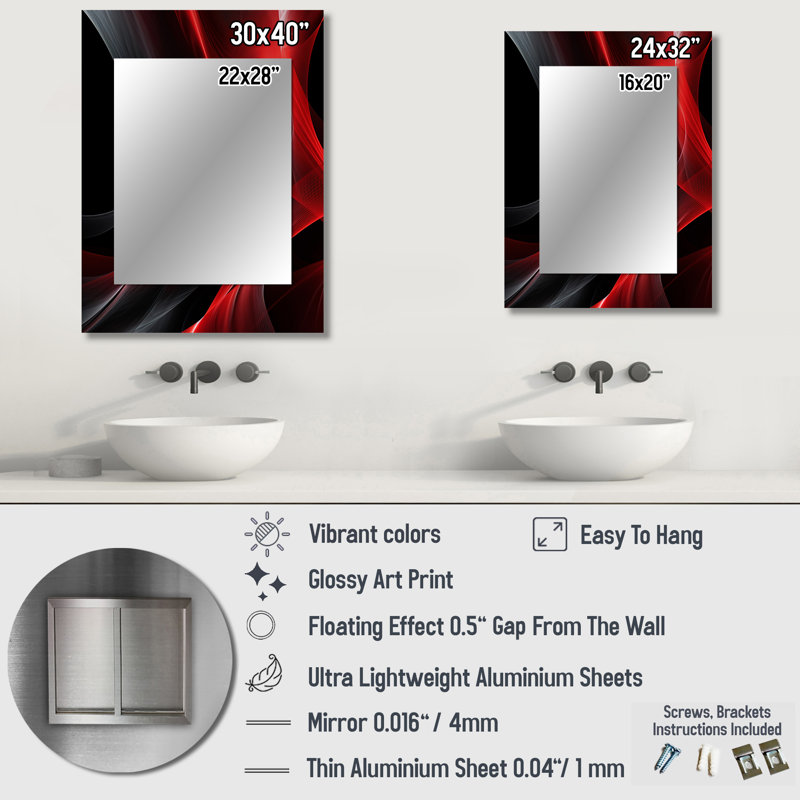Red Black Contemplative Abstraction V - Waves Mirror, Red Unique Wall Mirror, Printed Metal Art, 32" x 24"