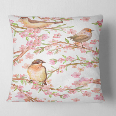 Branches Of Flowering Almond And Lovely Birds Animal Print Pillow