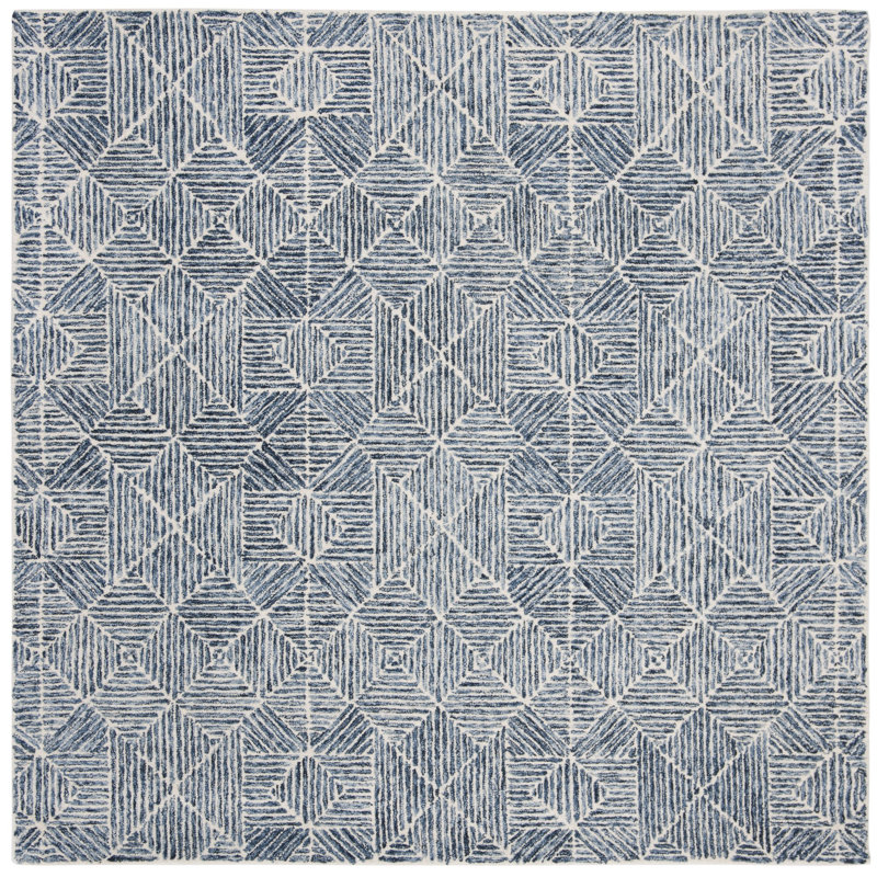 Tapis bleu / ivoire fabriqué à la main Linsly, Carré 4 pi