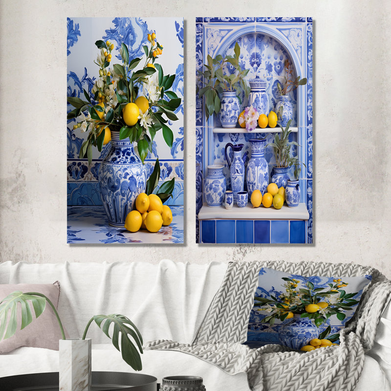 «Greek Tiles Still Life Kitchen II - Boho Pottery», ensemble de 2 reproductions d'art en métal, H 28 po x l 24 po