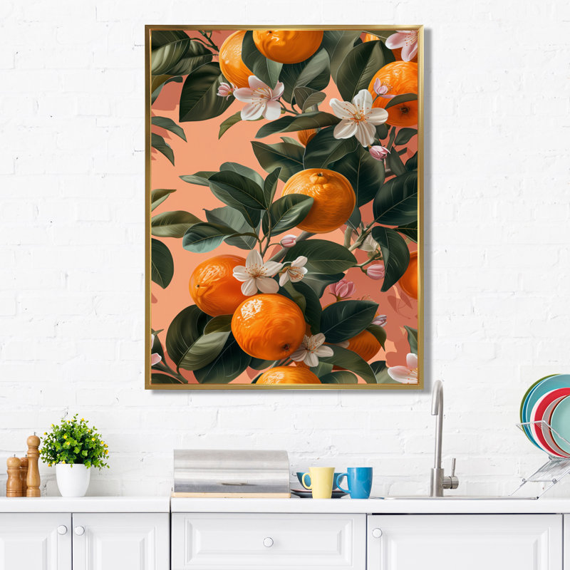 Décoration murale orange orange et arbres verts II - fruits, Cadre flottant doré, H 16 po x l 32 po