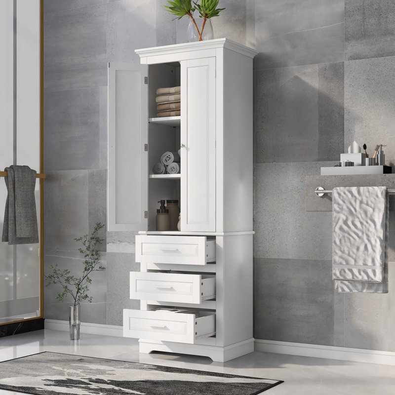 Tall Storage Cabinet With Three Drawers For Bathroom/Office, White
