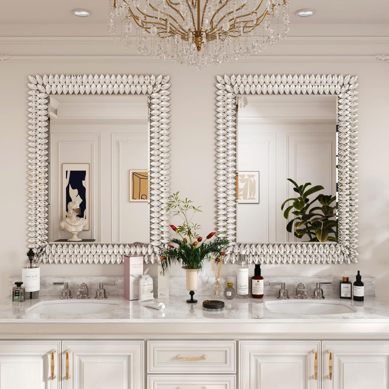 Large Jeweled Mirror for Wall Decor, Luxury Sparkling Diamond Mirror Beveled Modern Wall Decoration for Bathroom, Living Room, Bedroom, Hallway, Entryway