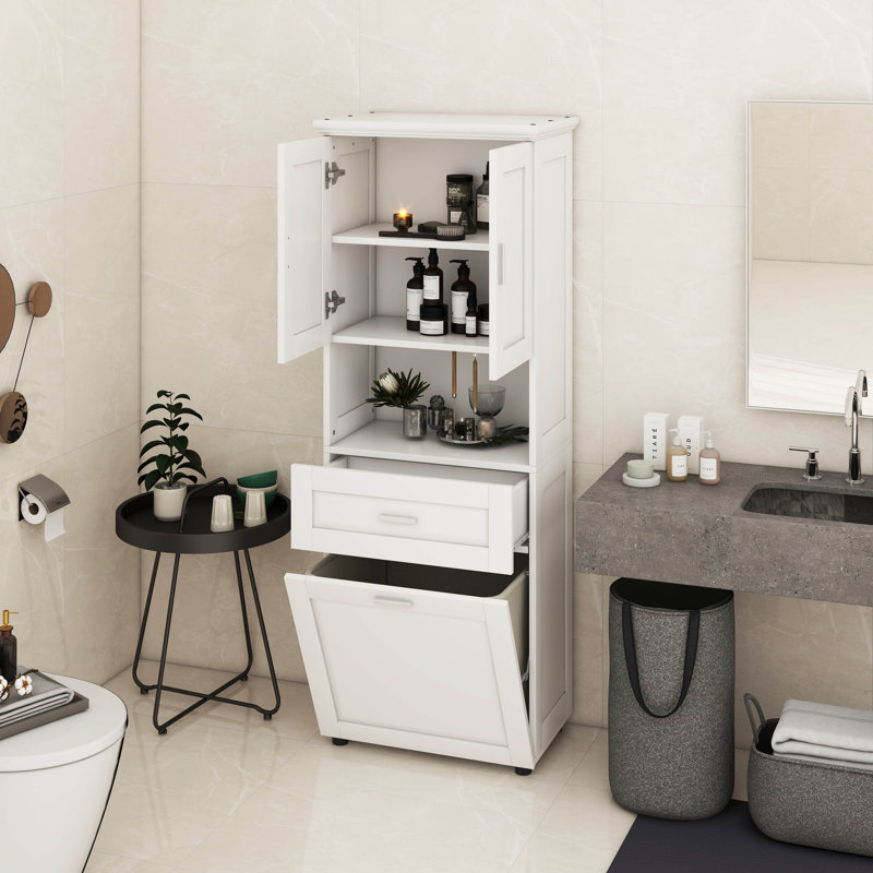 Grande armoire de salle de bain avec panier à linge, tablettes réglables, Blanc