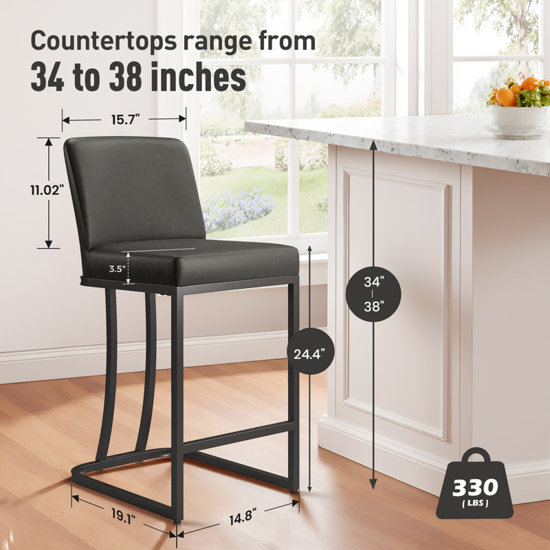 Kunkel 24" Modern Kitchen Counter Stool with Faux Leather Padded Seat and Metal Frame, Black, Gray