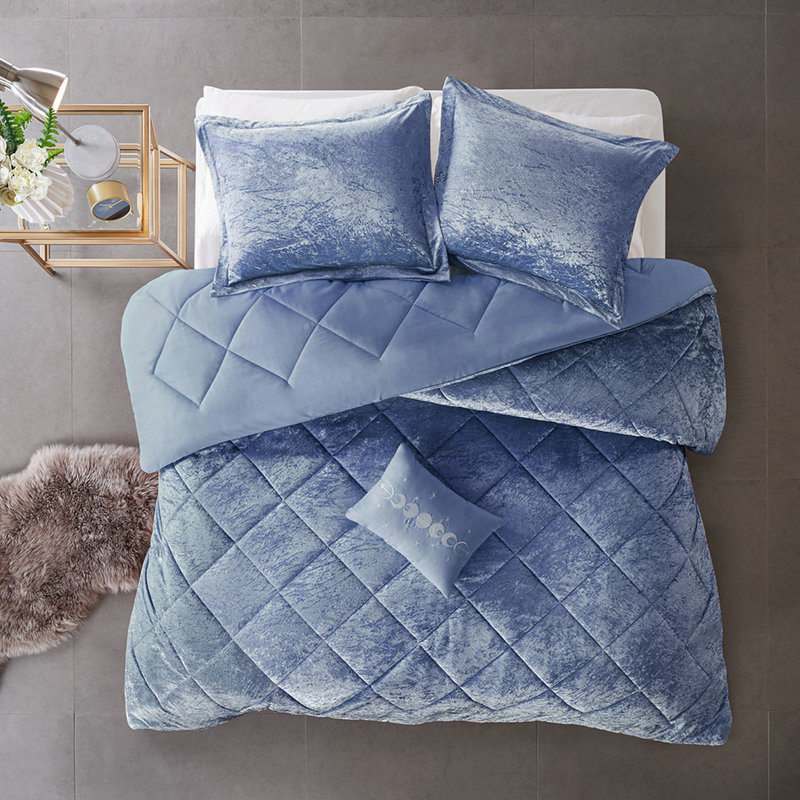 Édredon double / grand en velours pervenche - Literie de luxe avec bourre et coussin décoratif lavable à la machine, Bleu