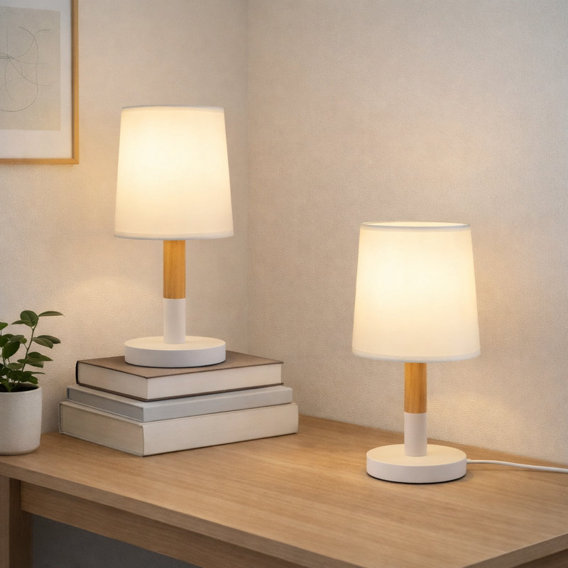 Wood Table Lamps E27 bedside with Fabric Shades