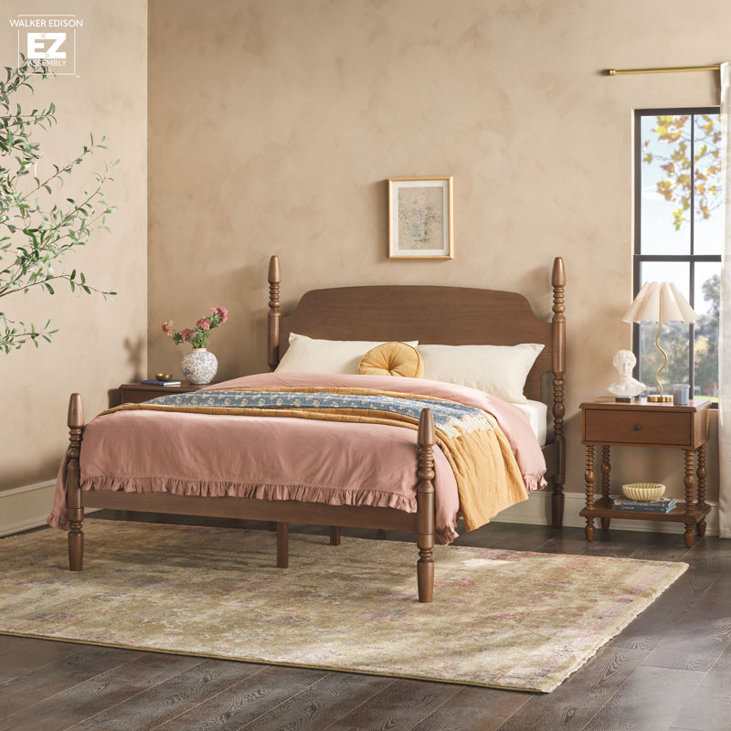 Solid Wood 3-Piece Spindle Vivienne  Bed With Two Walker Edison Easy Assembly 1-Drawer Nightstands, Dark Brown, Queen