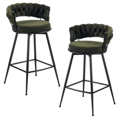 Modern Green Upholstered Bar Stool With Woven Look Backrest & Fixed Black Metal Frame Stable Counter Height Stool For Kitchen Breakfast Bar Or Cafe, Set Of 2