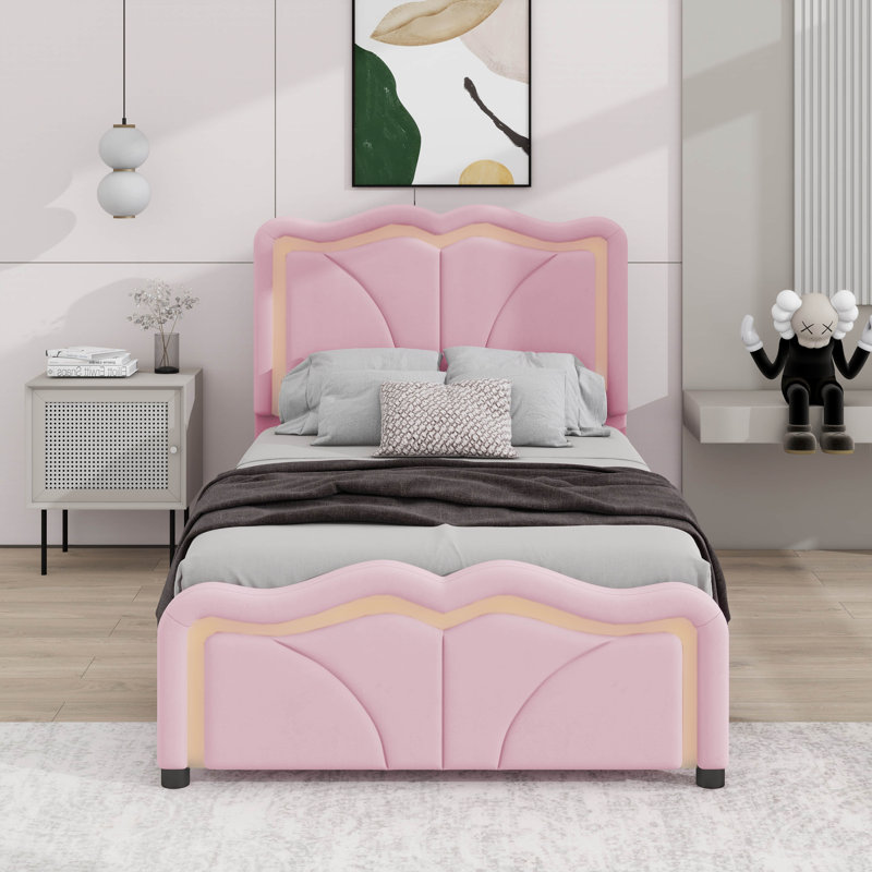 Lit plateforme tapissier simple avec tête de lit courbée à hauteur ajustable et DEL, Rose