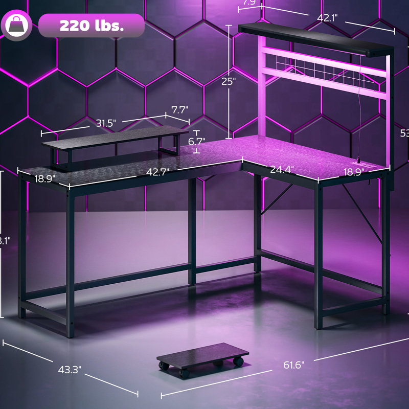 Bureau de jeu en L avec support pour écran et prises de courant, éclairage DEL 7 couleurs 17 modes, ports intégrés, pieds de lumières réglables en acier, espace de travail convertible de couleur design, pieds