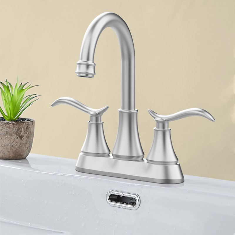 Bathroom Faucet Brushed Nickel With Pop-Up Drain & Supply Hoses 2-Handle 360 Degree High Arc Swivel Spout Centerset 4 Inch Vanity Sink Faucet