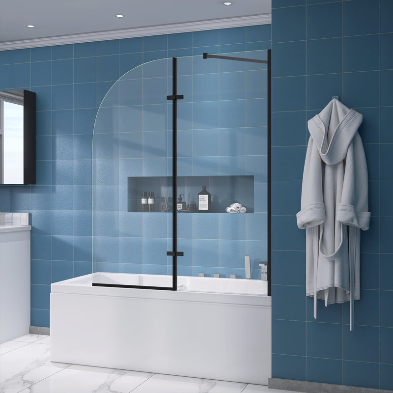 Porte de baignoire pivotante en verre trempé à charnière avec barre de soutien l 48 po x H 58 po, Noir mat