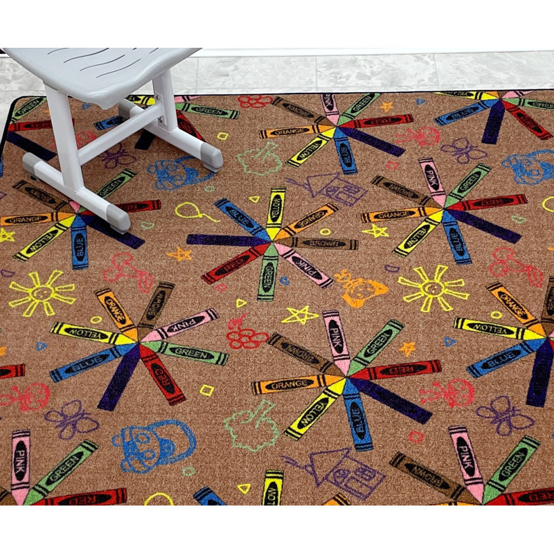 KidCarpet.com Crayon Scribbles Multi on Tan Classroom Rug, 6'x6' Square, Square 6' x 6'