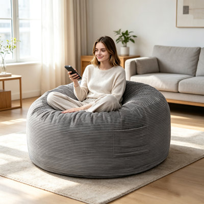 Grand pouf rond en velours côtelé, pouf rembourré surdimensionné avec poche latérale, fermeture éclair dissimulée et poignée de transport, fauteuil de sol confortable garni de mousse déchiquetée pour salon, chambre, gris