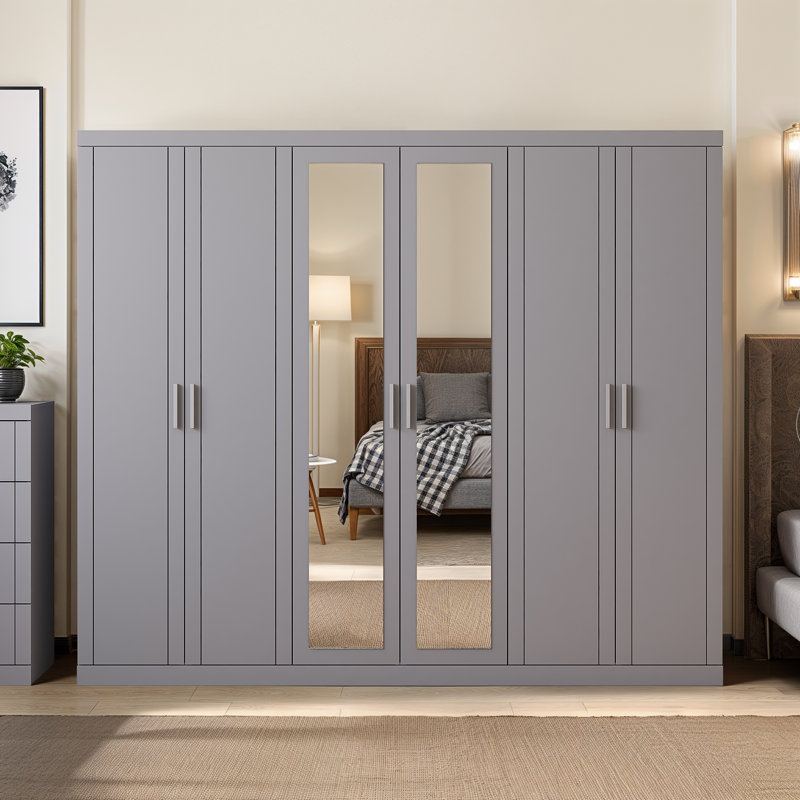 6 Door Wardrobe With Mirror, Cool Grey