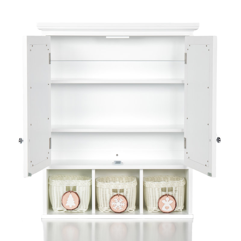 Armoire de rangement de salle de bain avec miroir - 2 portes, tablettes réglables, 3 paniers de décoration de Noël pour salle de bain, cuisine, aile de salle de lavage