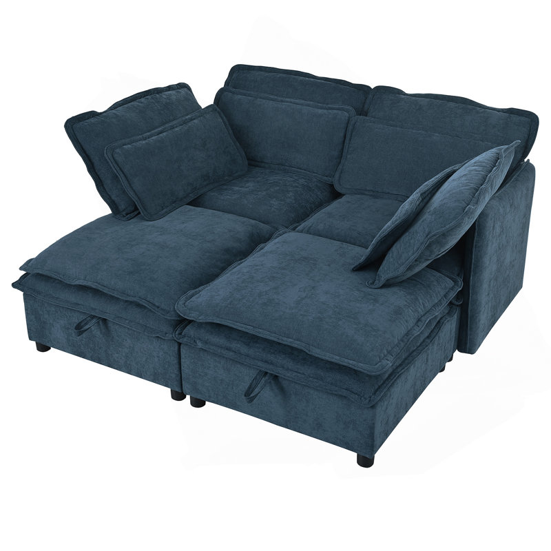 Elysara Modular Sleeper Sofa Convertible Sectional, Dark Blue Polyester Blend, 32" H x 65.3" W x 63" D