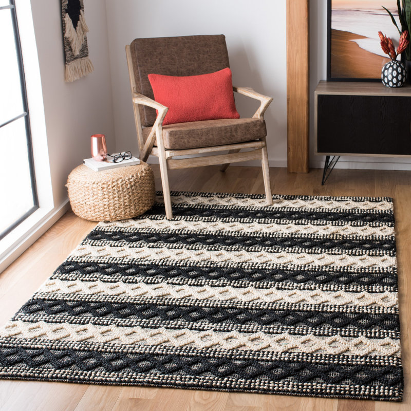Tapis géométrique en jute / coton tissé à la main en fibres naturelles ivoire / noir, Rectangle 5 pi x 8 pi